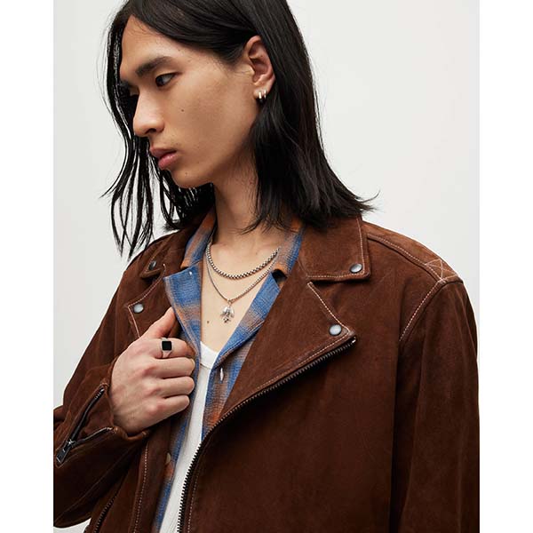 Allsaints Australia Mens Milo Asymmetric Zip Suede Biker Jacket Walnut Brown AU97-038